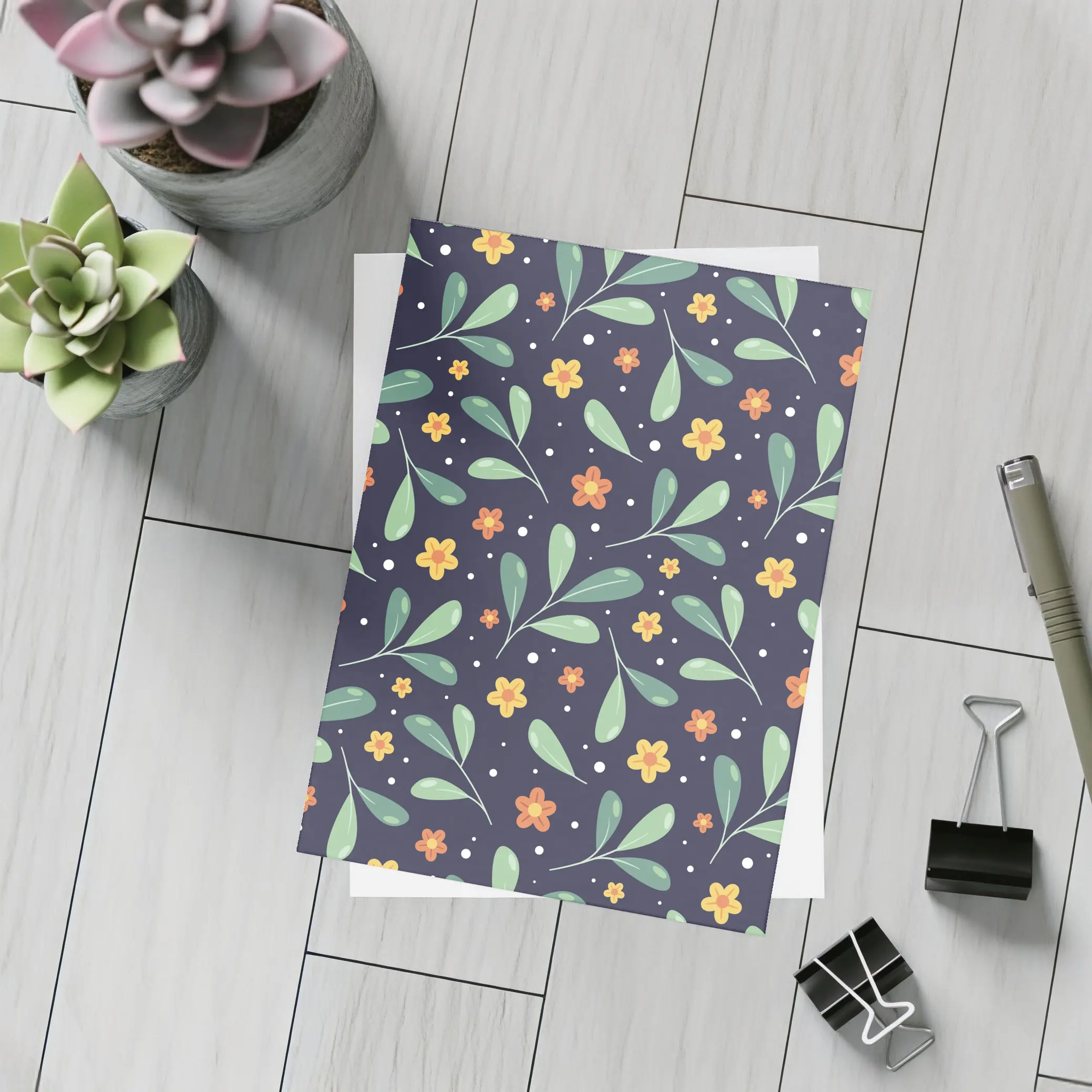 Dark Navy Floral Pattern Green Leaves Background – Postcards