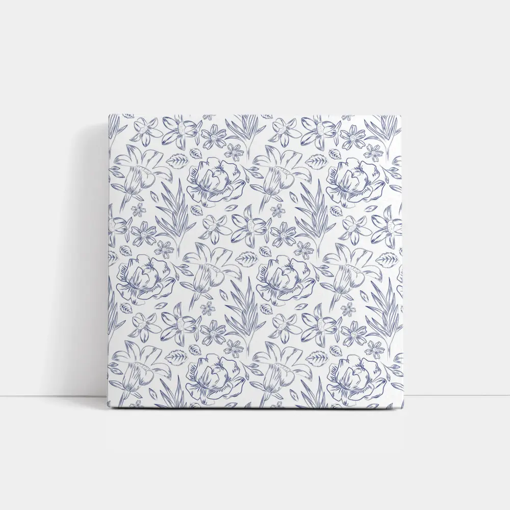 Blue Line Art Floral Pattern White Background – Wall Art