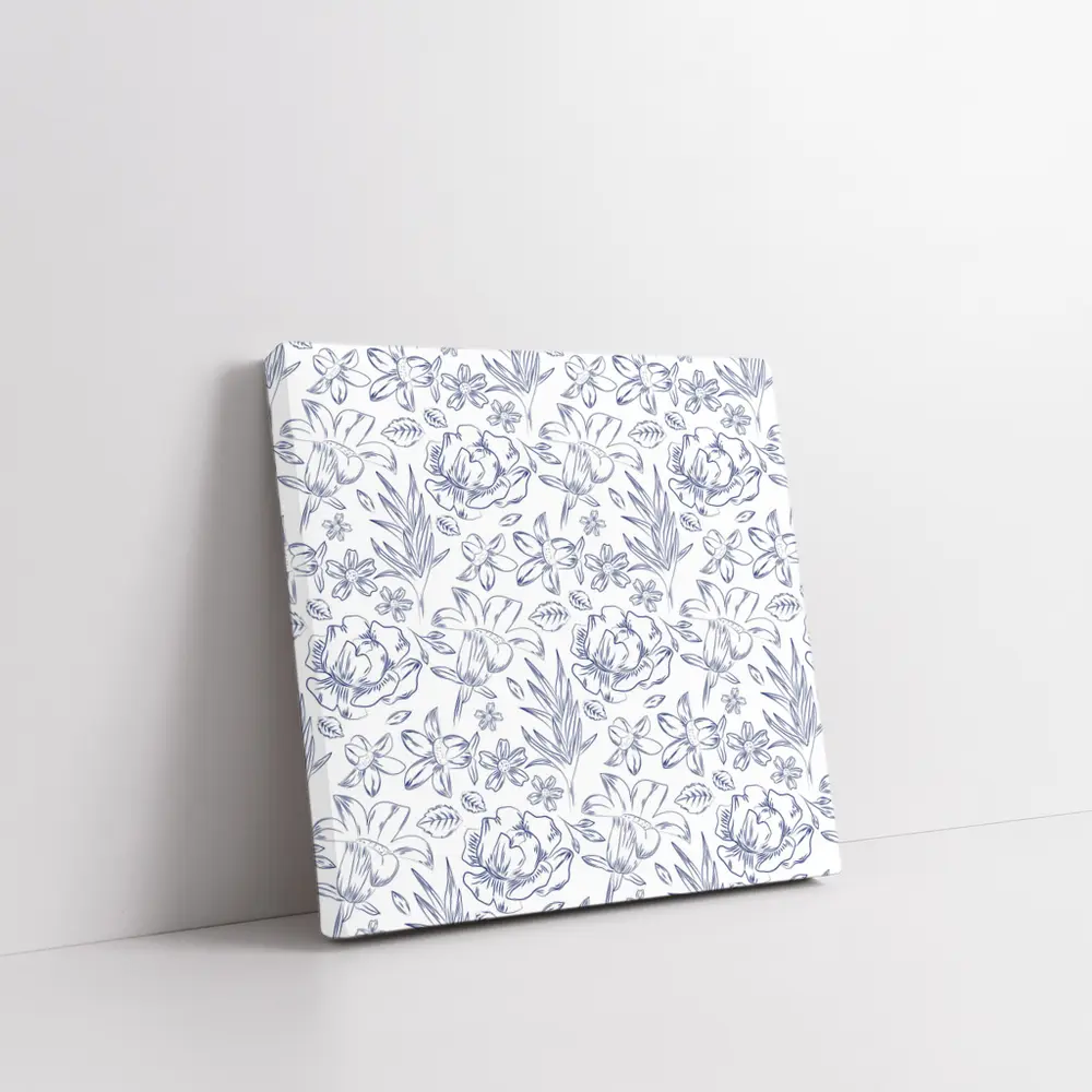 Blue Line Art Floral Pattern White Background – Wall Art