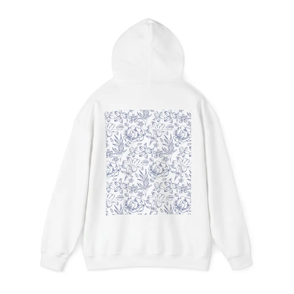 Blue Line Art Floral Pattern White Background – Hoodies