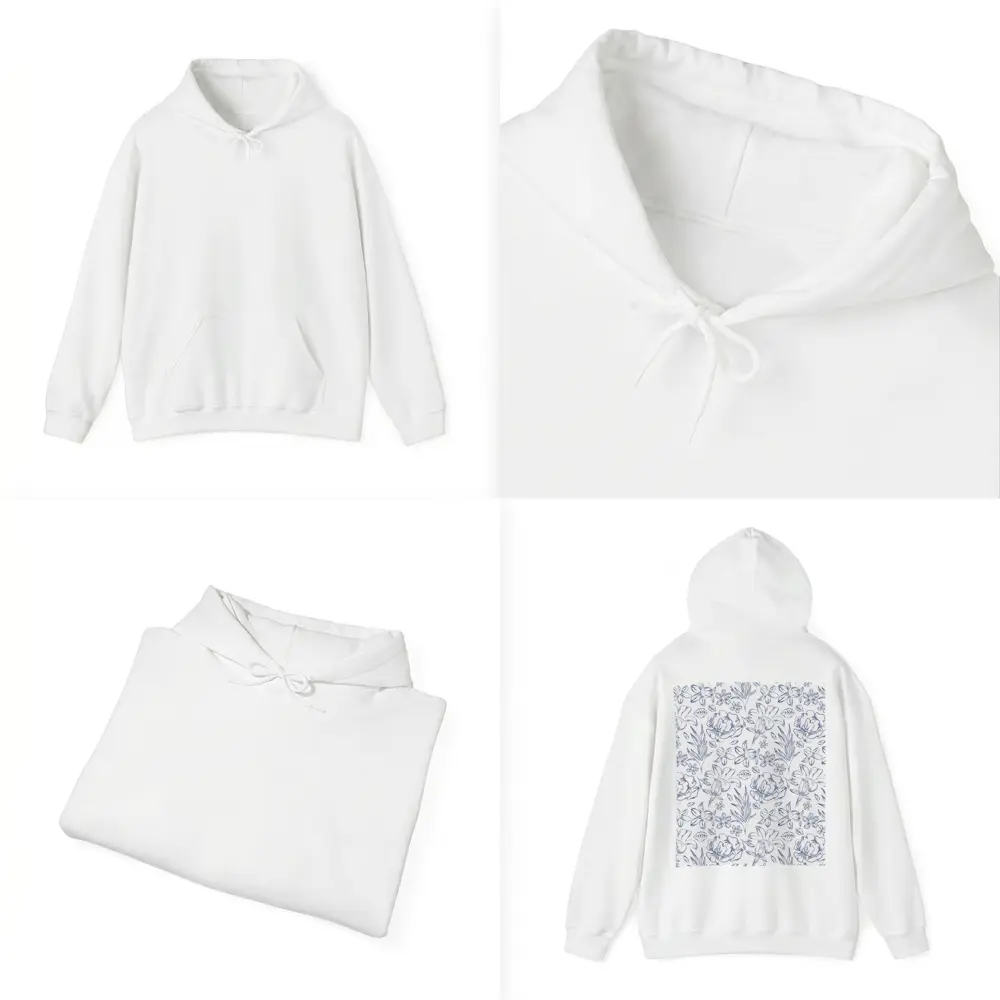 Blue Line Art Floral Pattern White Background – Hoodies