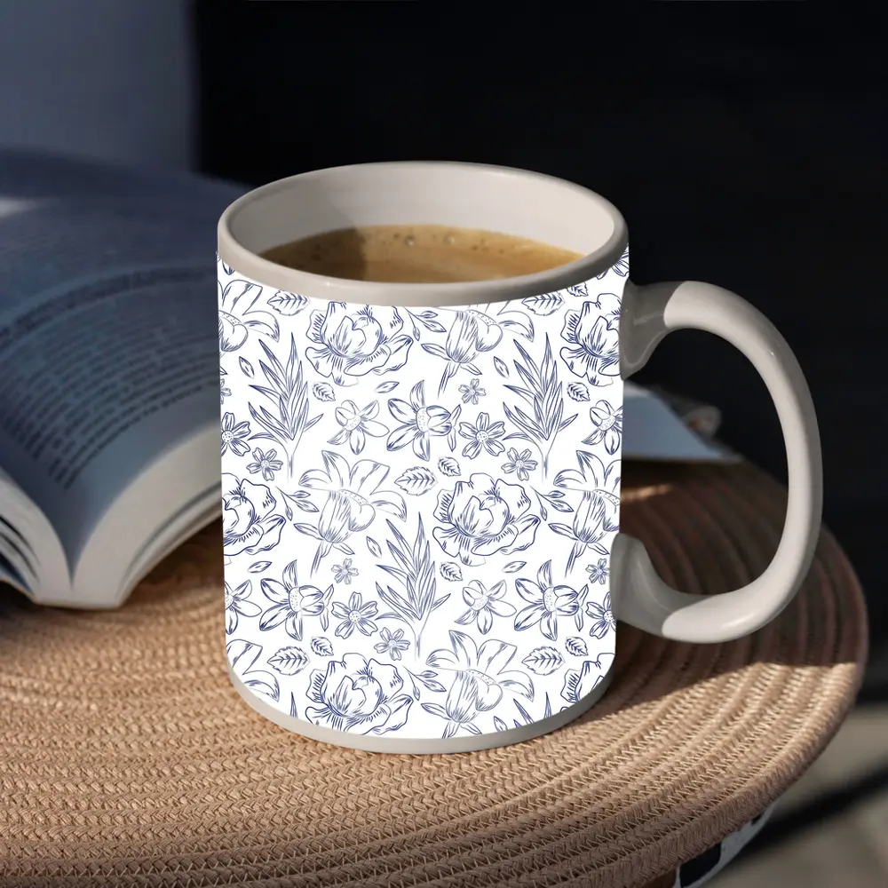 Blue Line Art Floral Pattern White Background – Mugs