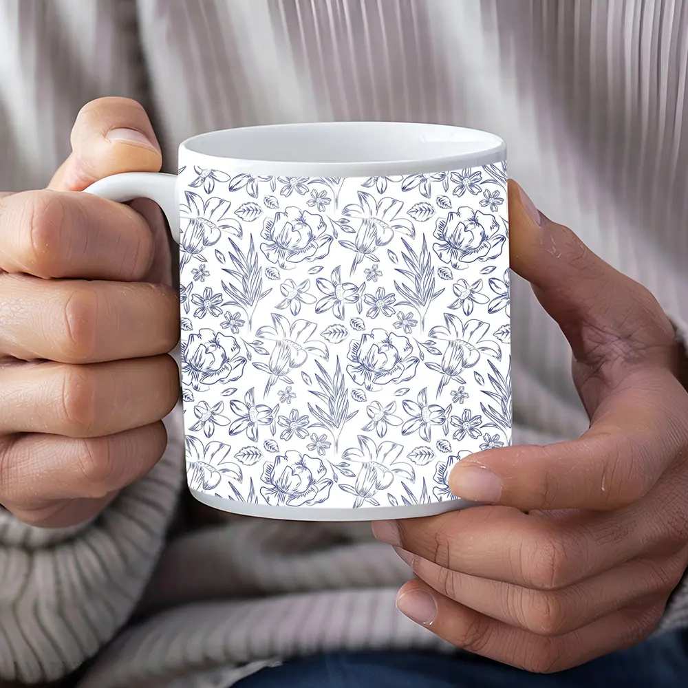 Blue Line Art Floral Pattern White Background – Mugs
