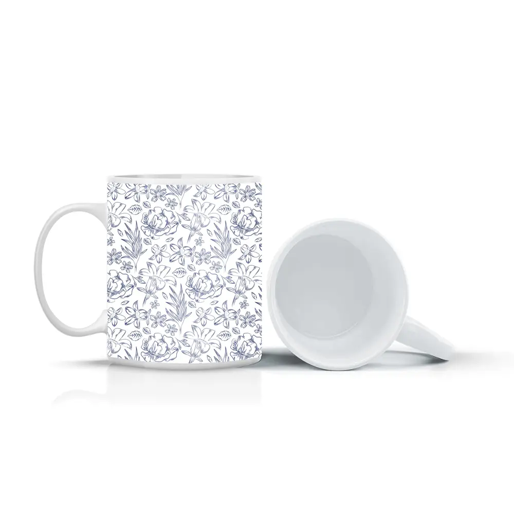 Blue Line Art Floral Pattern White Background – Mugs