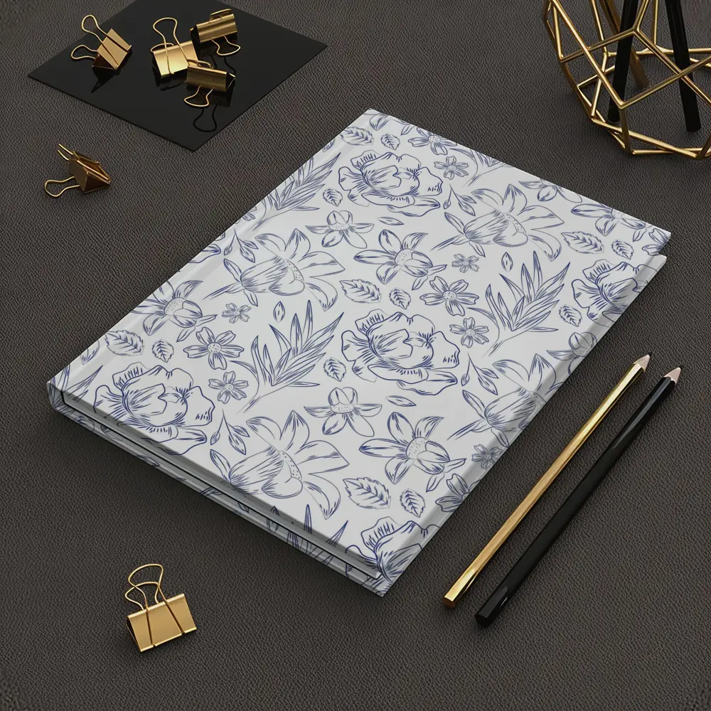 Blue Line Art Floral Pattern White Background – Notebooks
