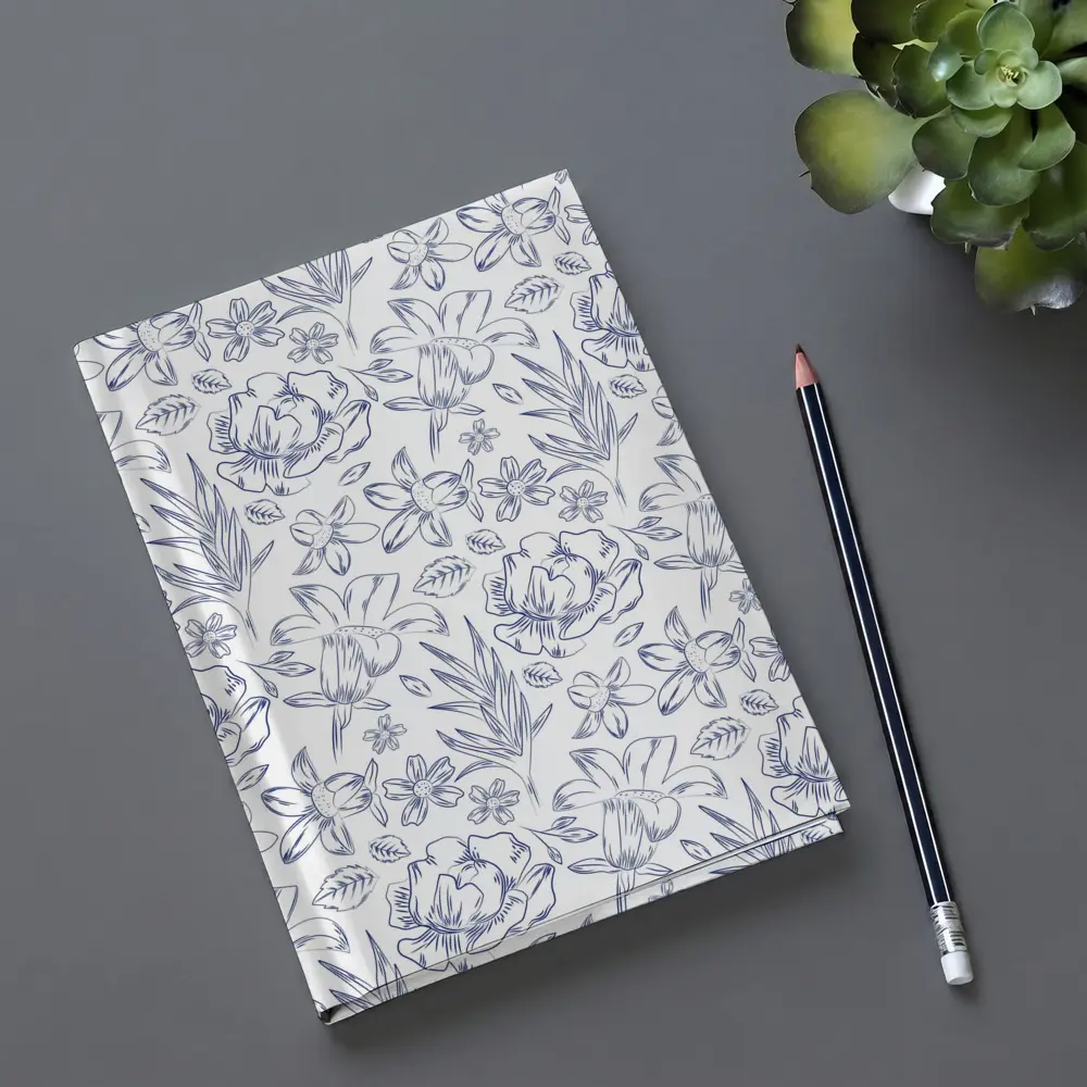 Blue Line Art Floral Pattern White Background – Notebooks