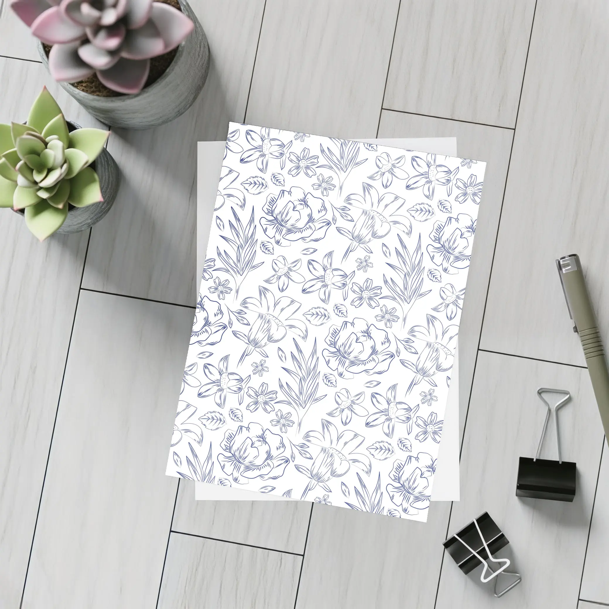 Blue Line Art Floral Pattern White Background – Postcards