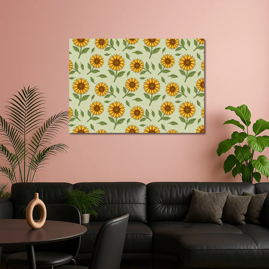 Sunflower Pattern Illustration Sage Green Background – Wall Art