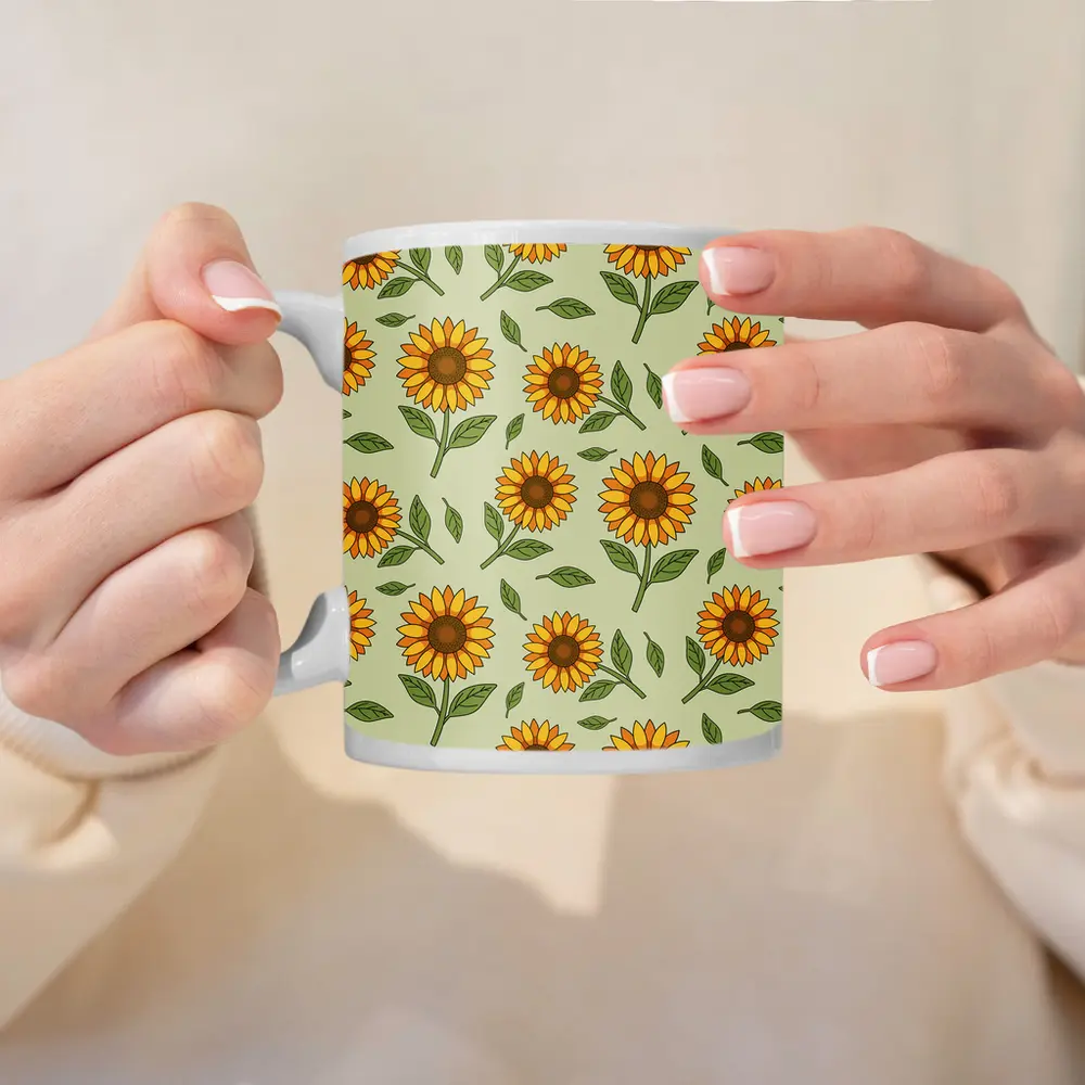 Sunflower Pattern Illustration Sage Green Background – Mugs