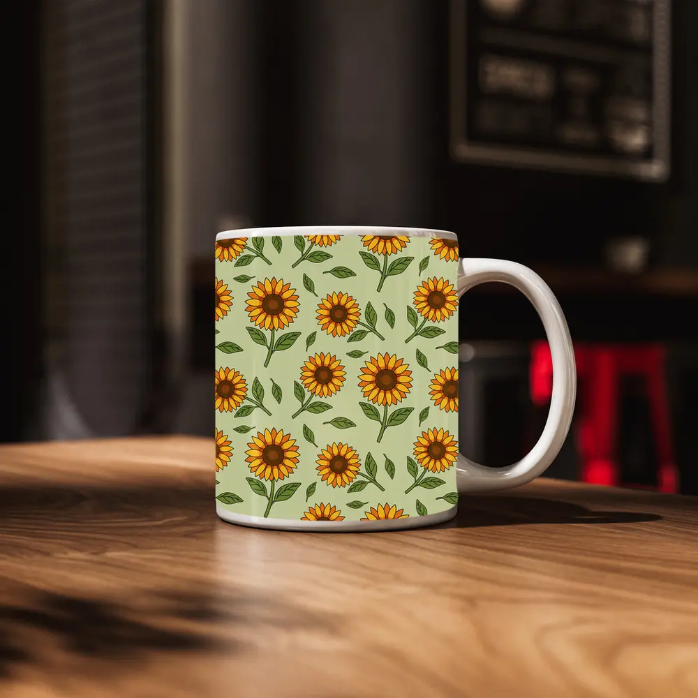 Sunflower Pattern Illustration Sage Green Background – Mugs