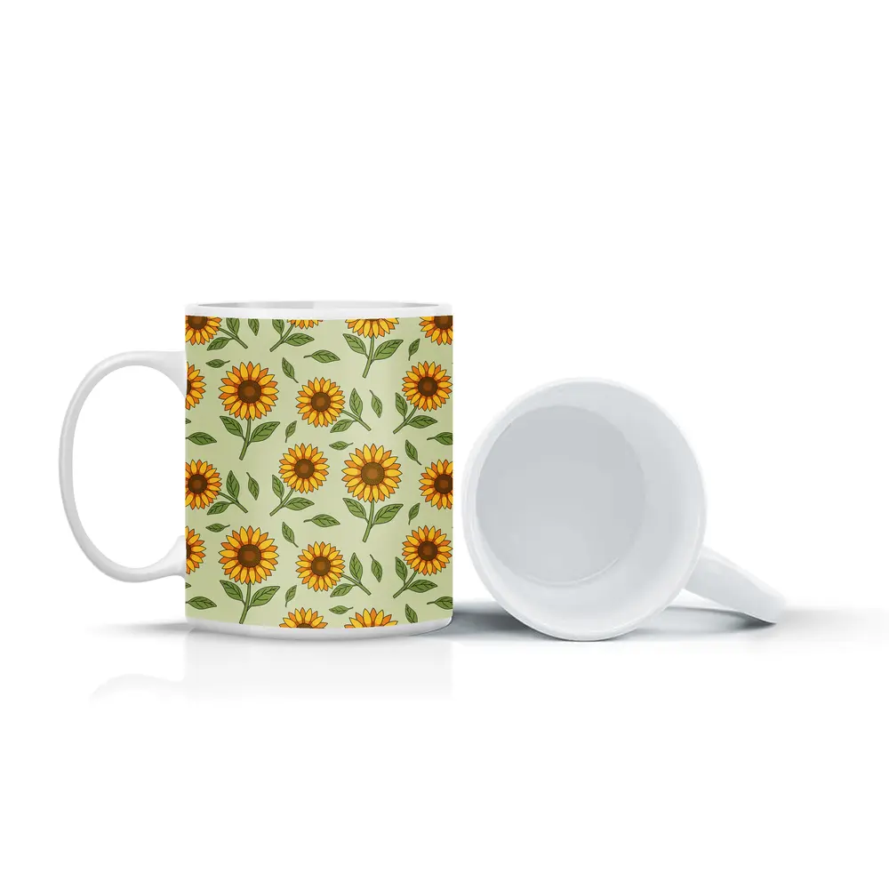 Sunflower Pattern Illustration Sage Green Background – Mugs