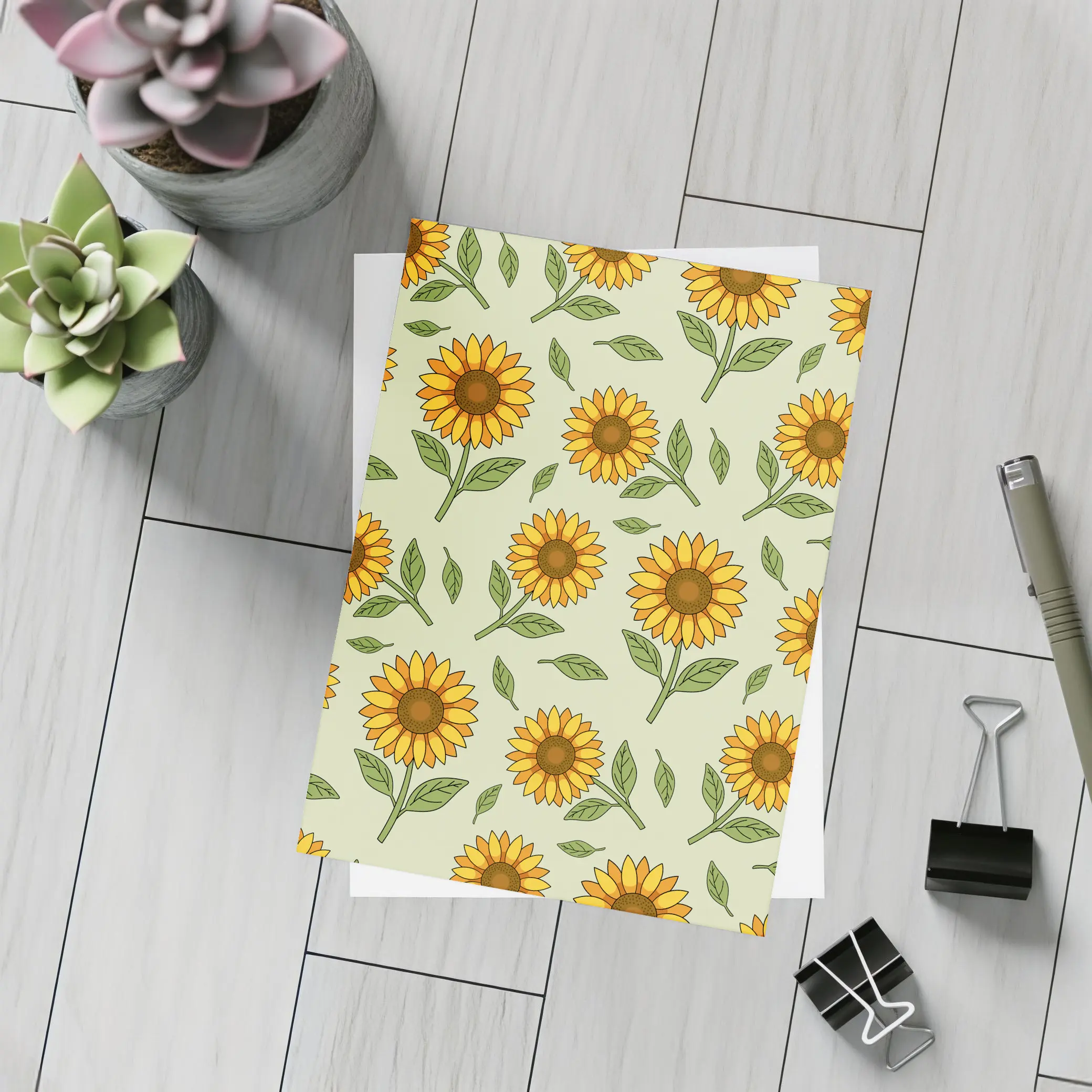 Sunflower Pattern Illustration Sage Green Background – Postcards