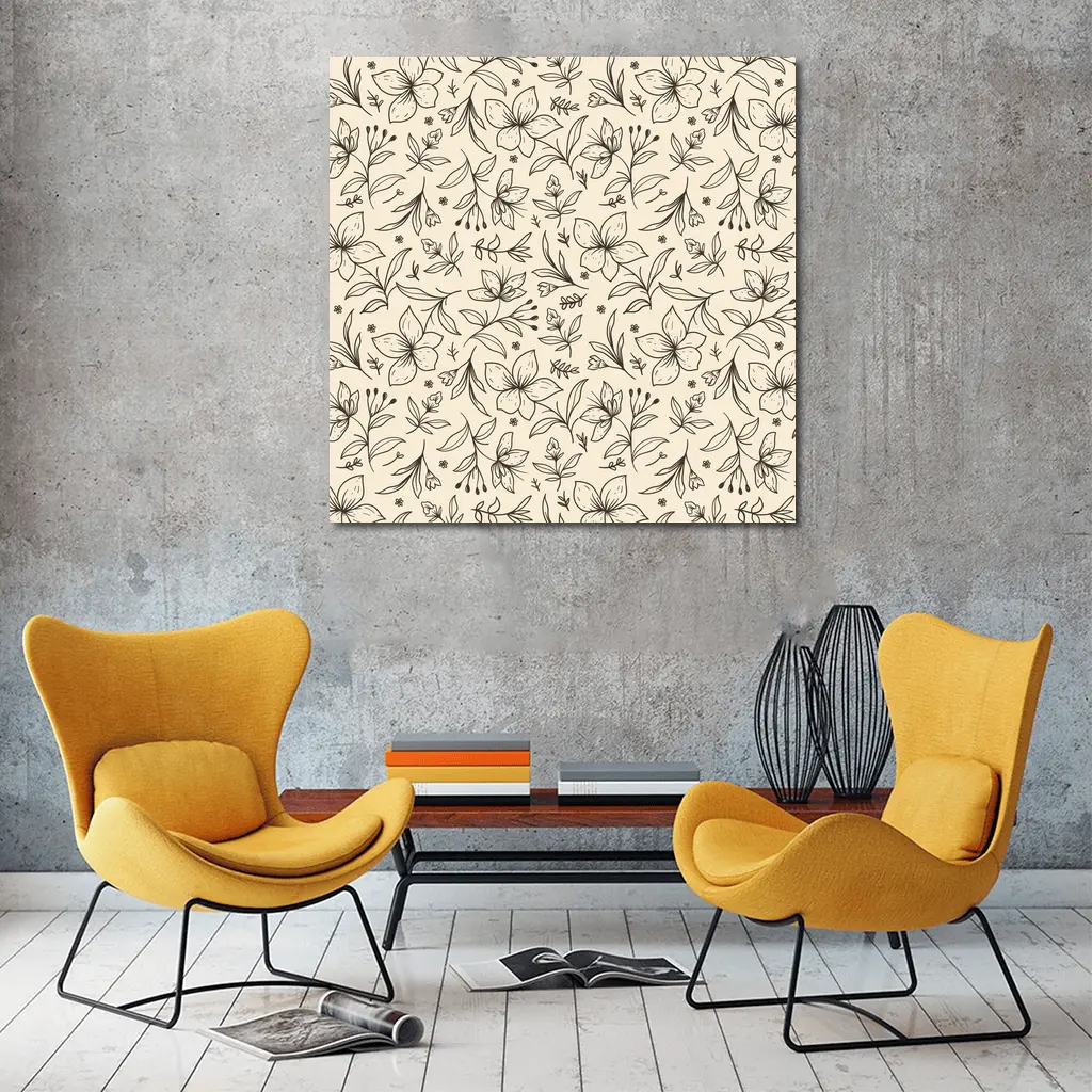 Botanical Line Art Flowers Beige Floral Pattern – Wall Art
