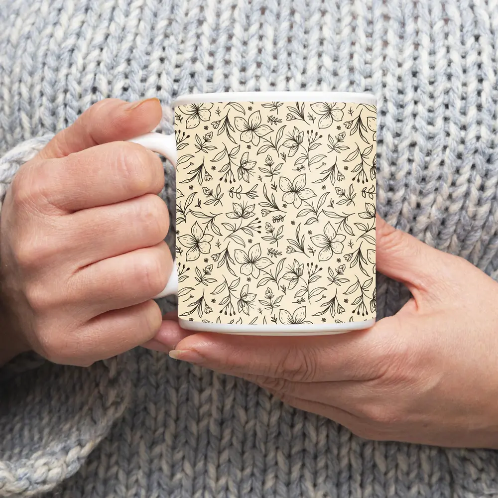 Botanical Line Art Flowers Beige Floral Pattern – Mugs