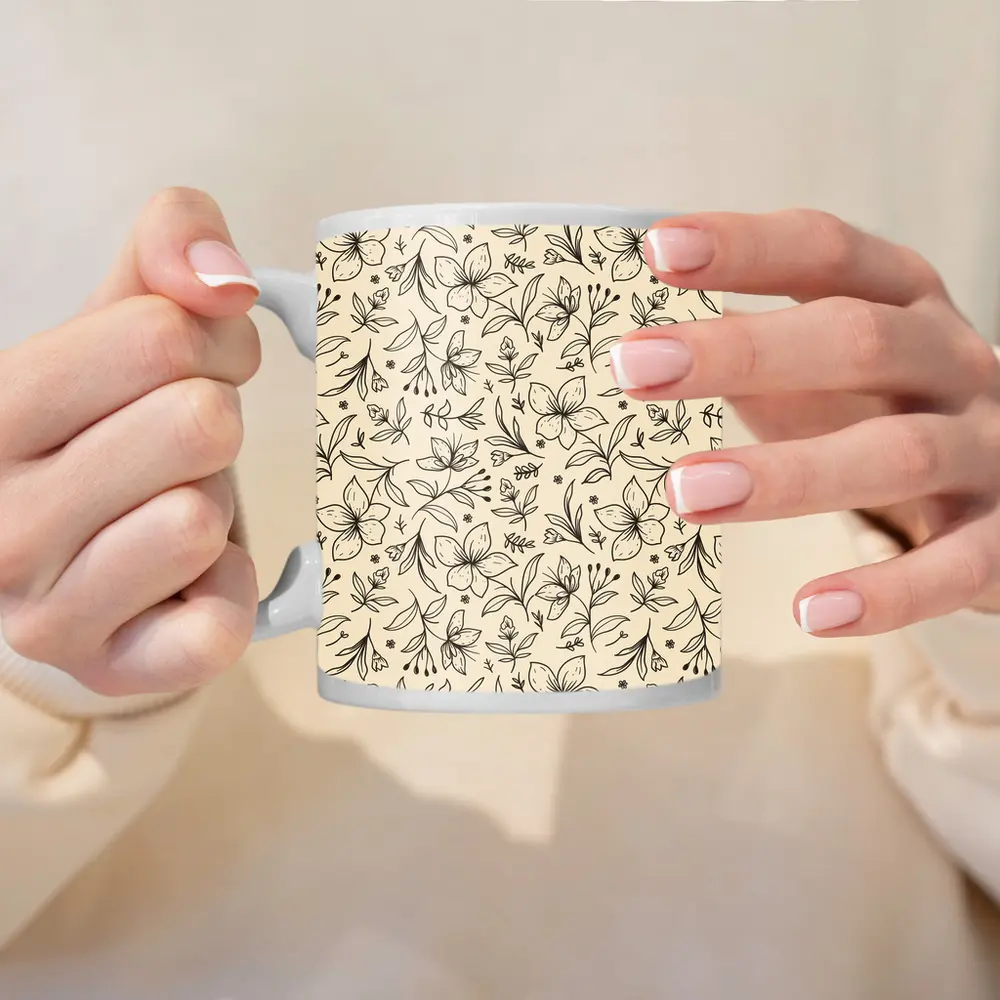 Botanical Line Art Flowers Beige Floral Pattern – Mugs