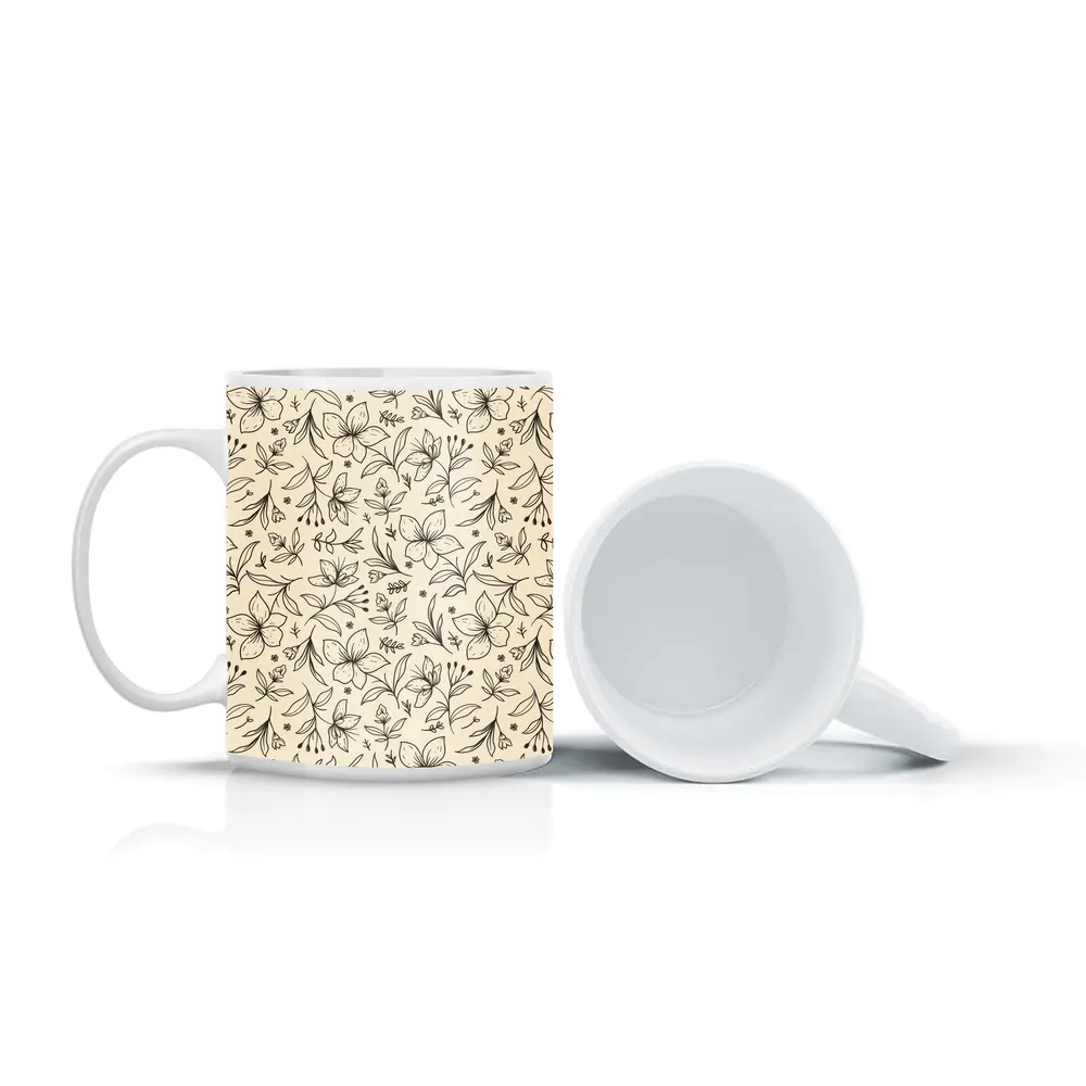 Botanical Line Art Flowers Beige Floral Pattern – Mugs