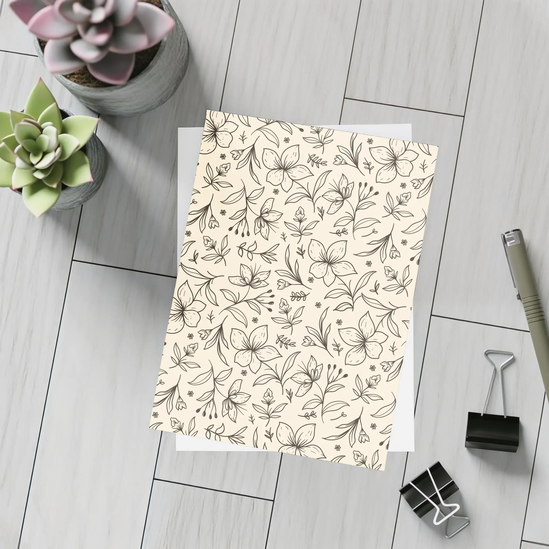 Botanical Line Art Flowers Beige Floral Pattern – Postcards