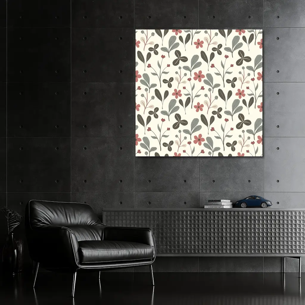Red Flowers Gray Leaves Botanical Floral Pattern – Wall Art