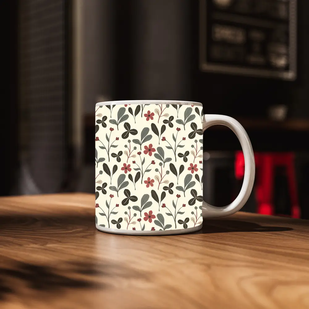 Red Flowers Gray Leaves Botanical Floral Pattern – Mugs