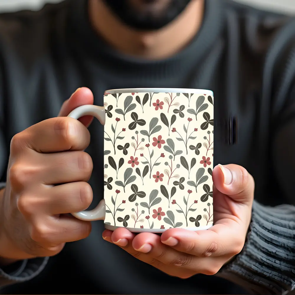 Red Flowers Gray Leaves Botanical Floral Pattern – Mugs