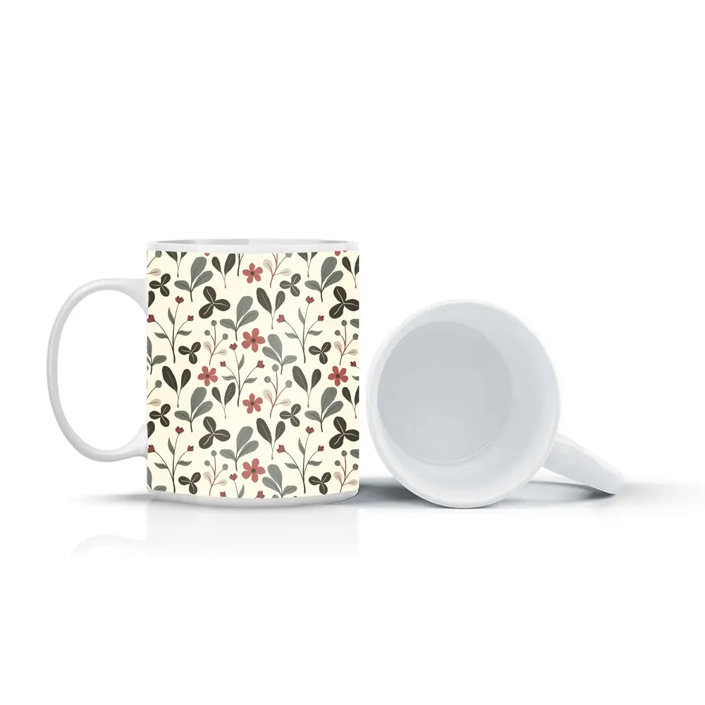 Red Flowers Gray Leaves Botanical Floral Pattern – Mugs