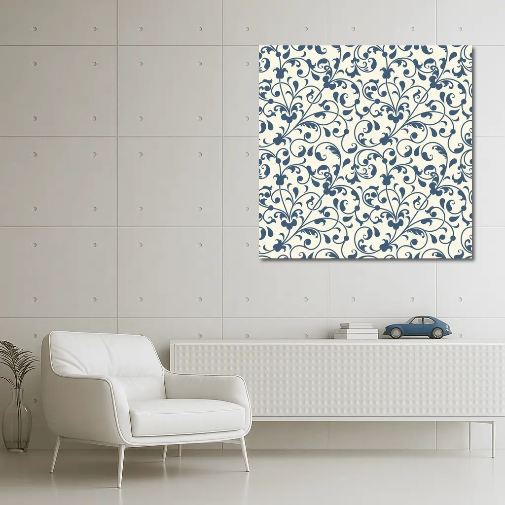 Dark Blue Floral Scroll Pattern Cream Background – Wall Art