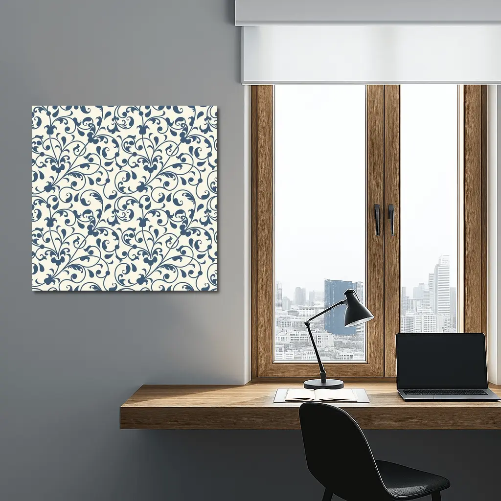 Dark Blue Floral Scroll Pattern Cream Background – Wall Art