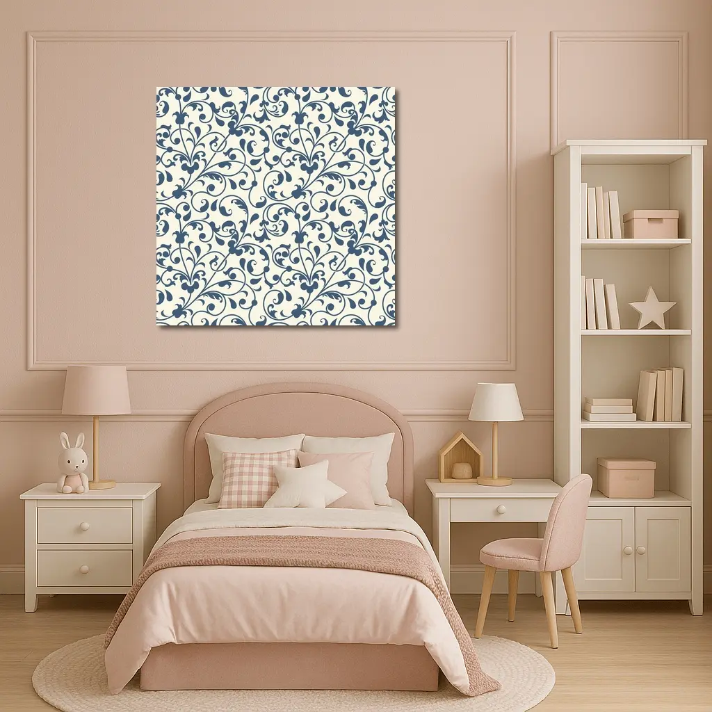 Dark Blue Floral Scroll Pattern Cream Background – Wall Art