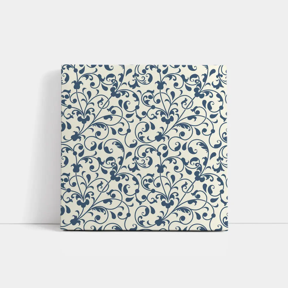 Dark Blue Floral Scroll Pattern Cream Background – Wall Art