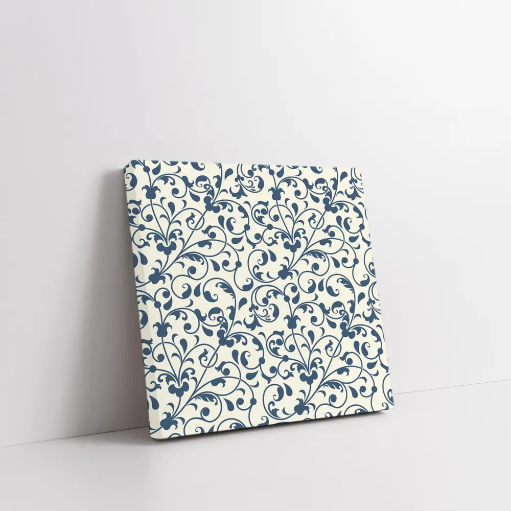 Dark Blue Floral Scroll Pattern Cream Background – Wall Art