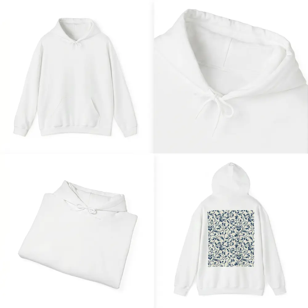 Dark Blue Floral Scroll Pattern Cream Background – Hoodies