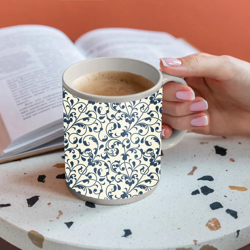 Dark Blue Floral Scroll Pattern Cream Background – Mugs