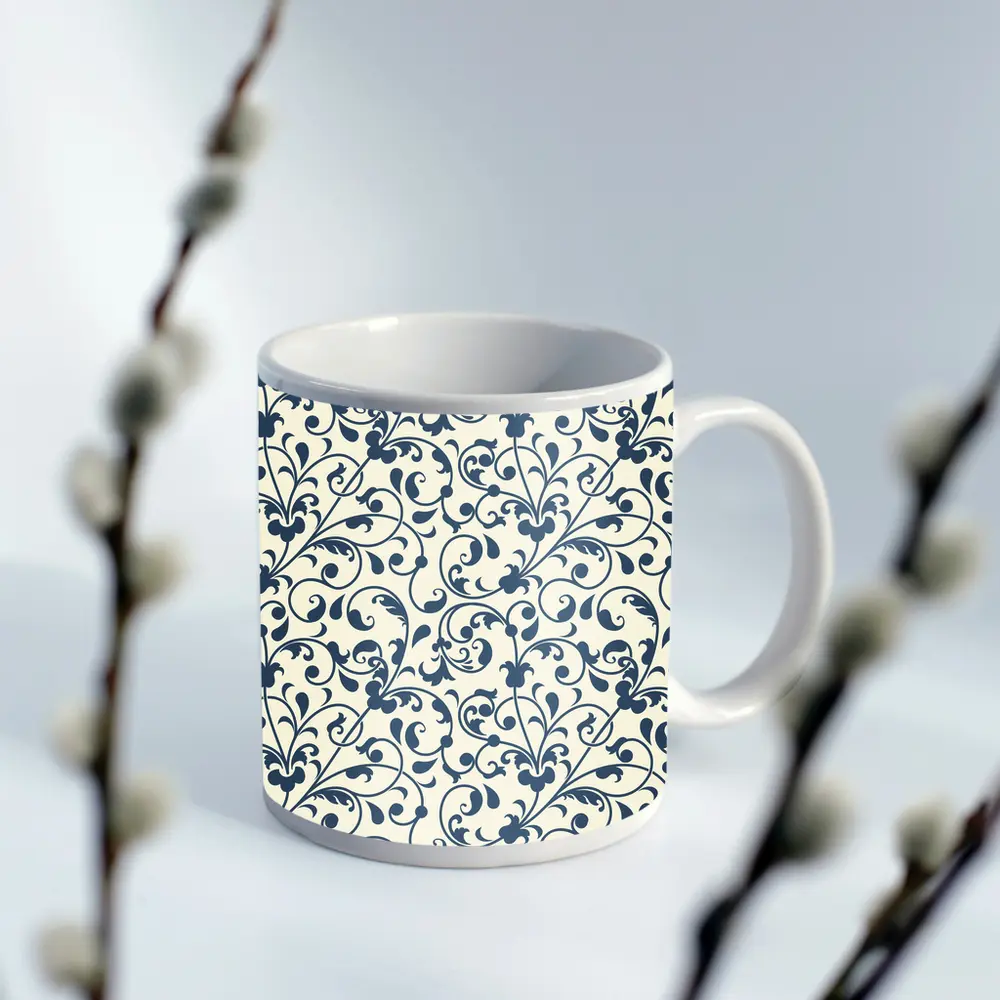 Dark Blue Floral Scroll Pattern Cream Background – Mugs