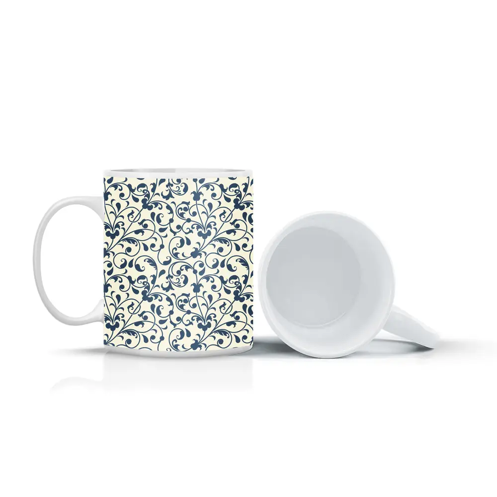 Dark Blue Floral Scroll Pattern Cream Background – Mugs