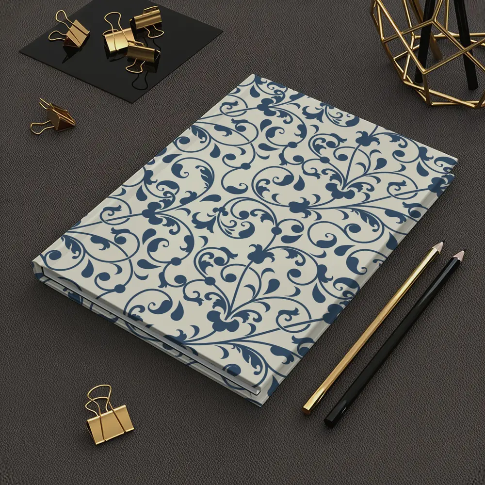 Dark Blue Floral Scroll Pattern Cream Background – Notebooks