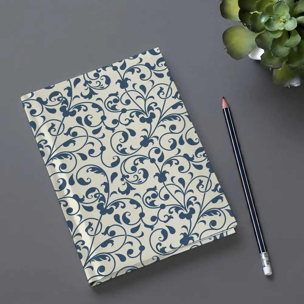 Dark Blue Floral Scroll Pattern Cream Background – Notebooks