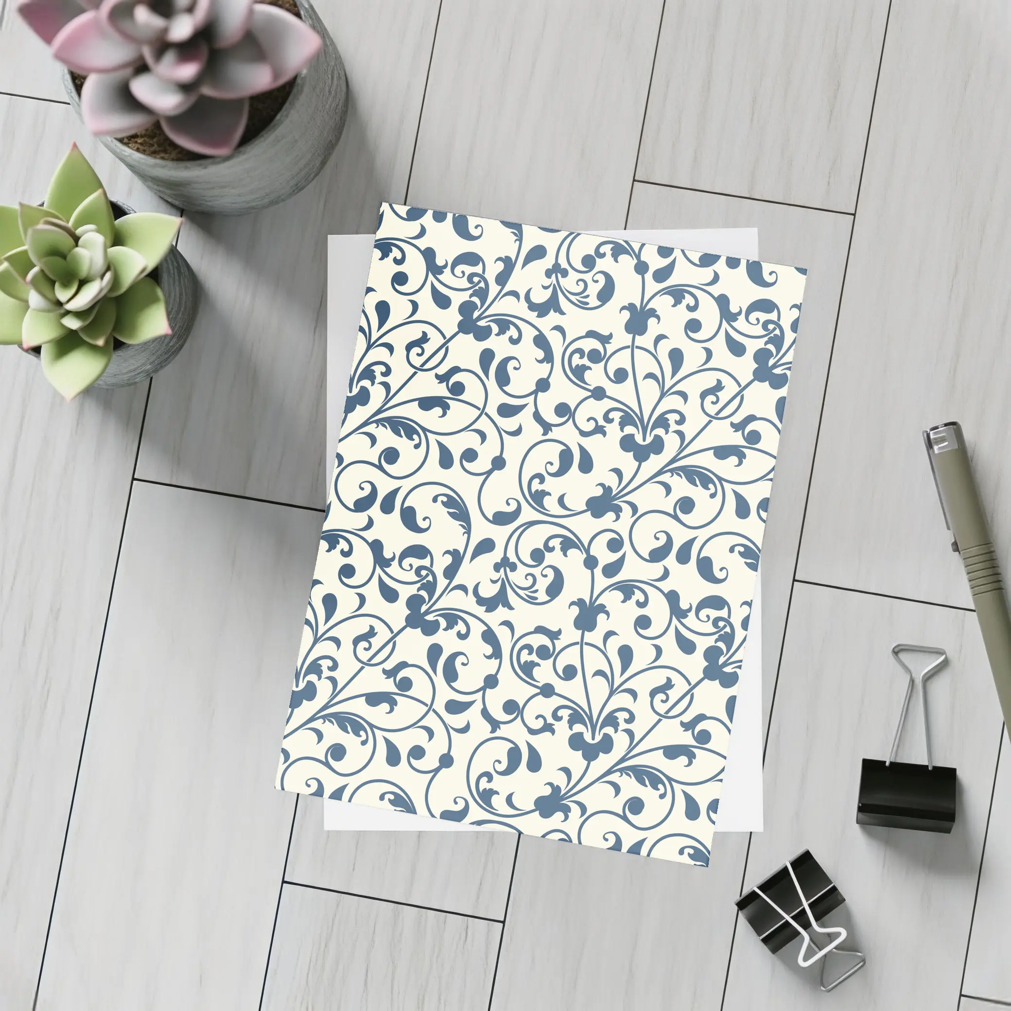 Dark Blue Floral Scroll Pattern Cream Background – Postcards