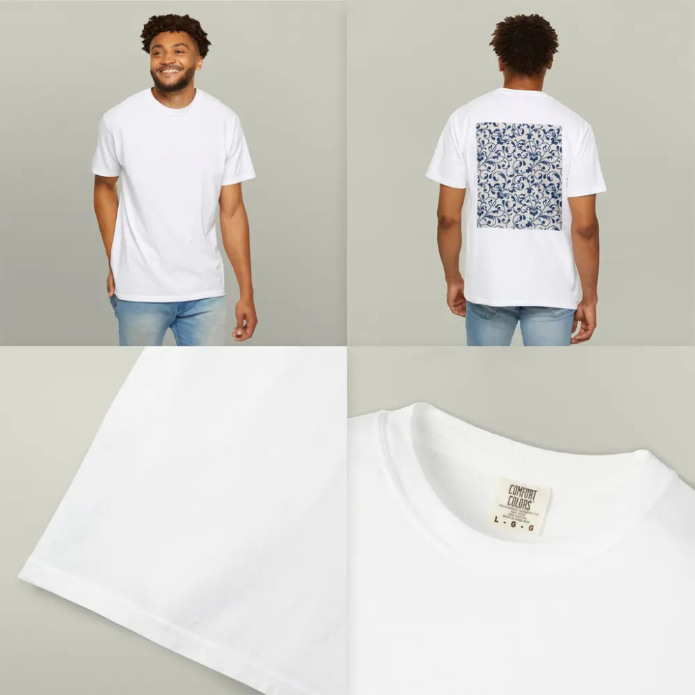 Dark Blue Floral Scroll Pattern Cream Background – T-Shirts