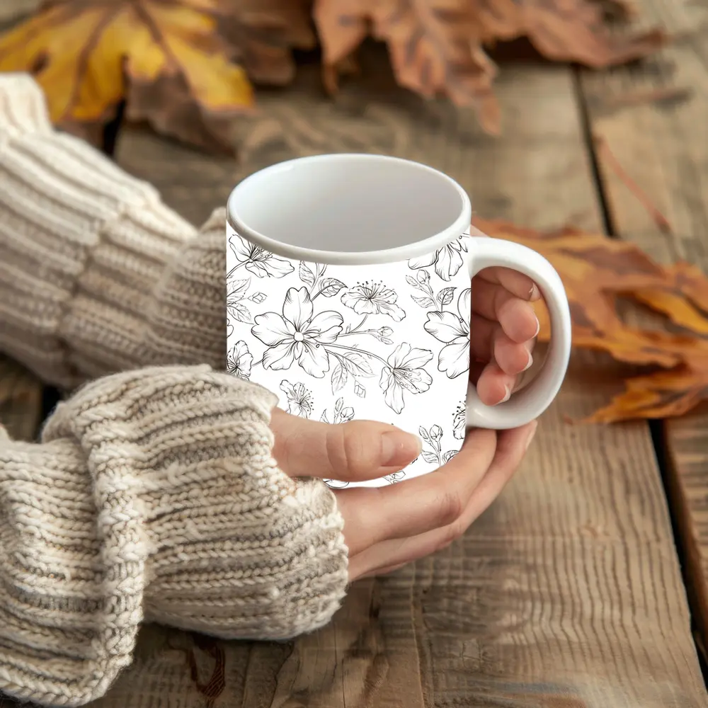 Black White Cherry Blossom Botanical Line Art – Mugs