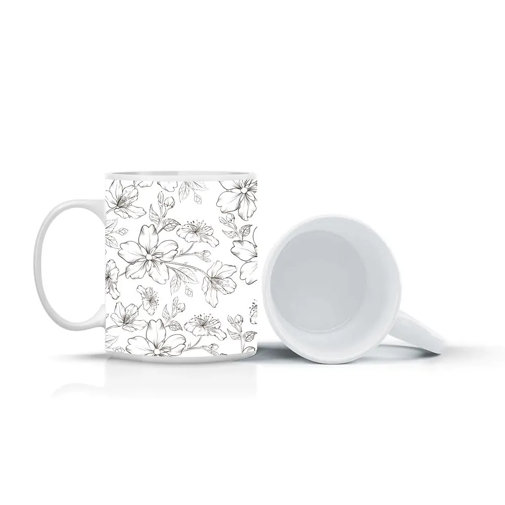 Black White Cherry Blossom Botanical Line Art – Mugs