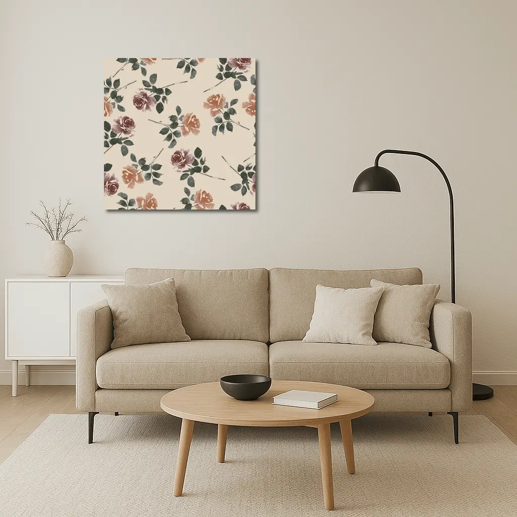 Watercolor Roses Pattern Beige Floral Background – Wall Art