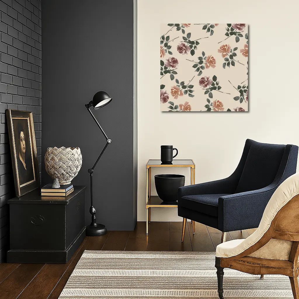 Watercolor Roses Pattern Beige Floral Background – Wall Art