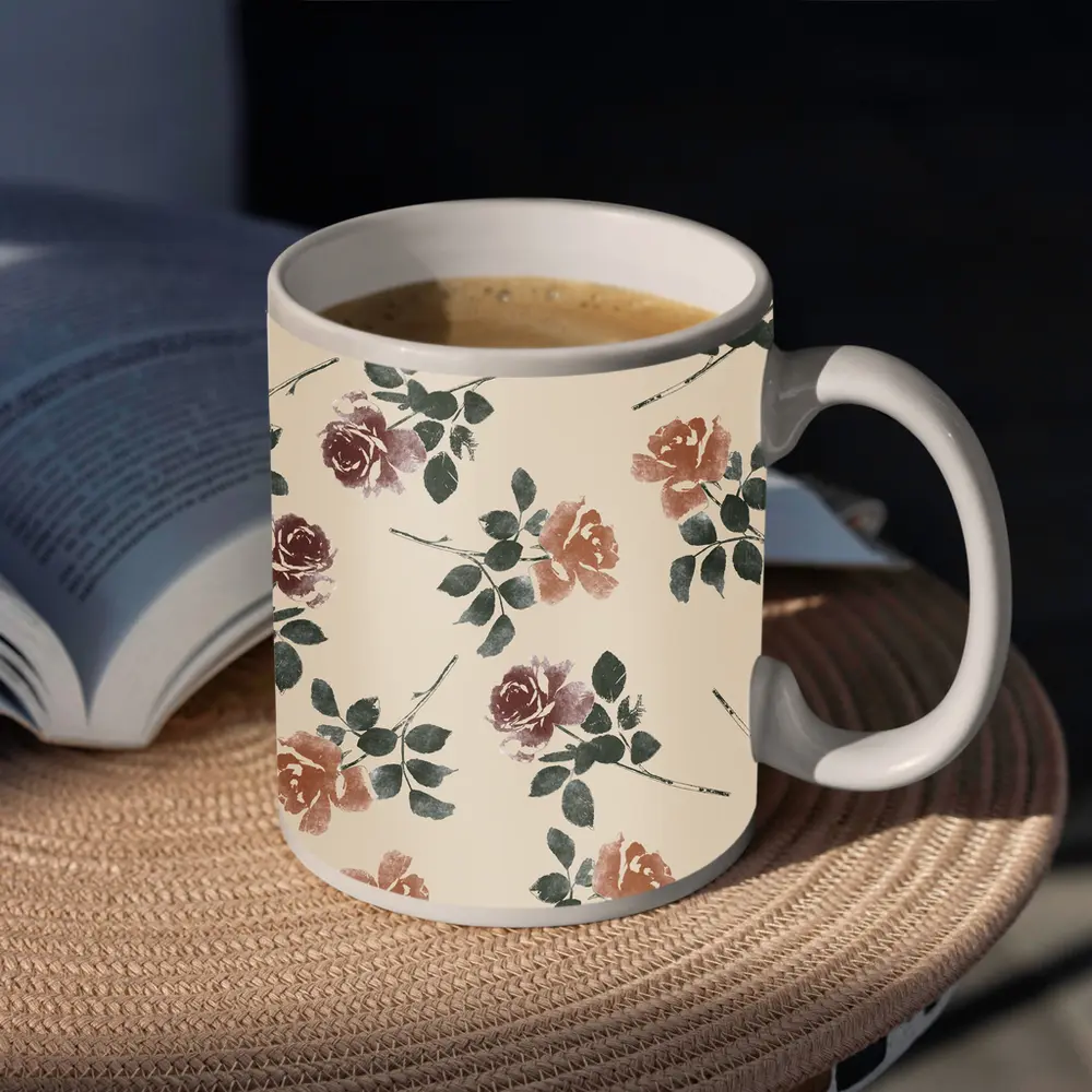 Watercolor Roses Pattern Beige Floral Background – Mugs