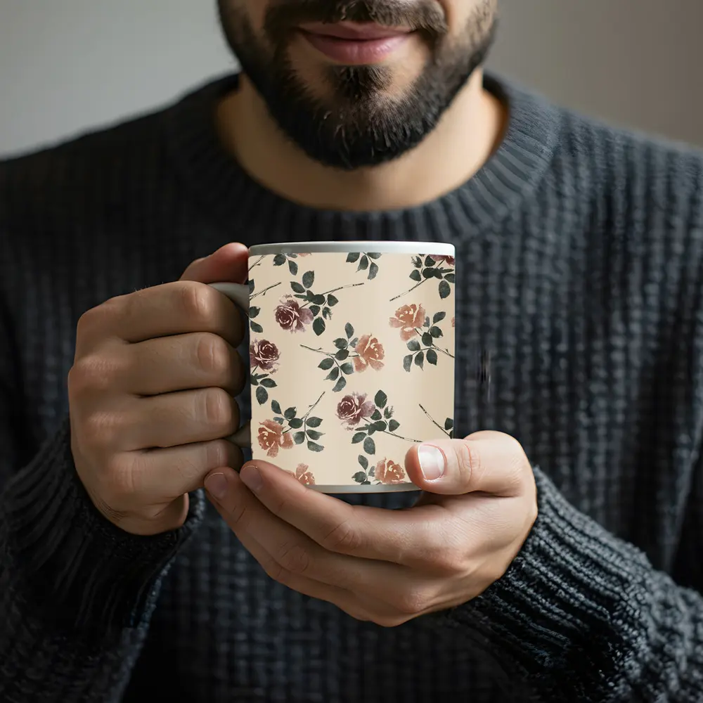 Watercolor Roses Pattern Beige Floral Background – Mugs