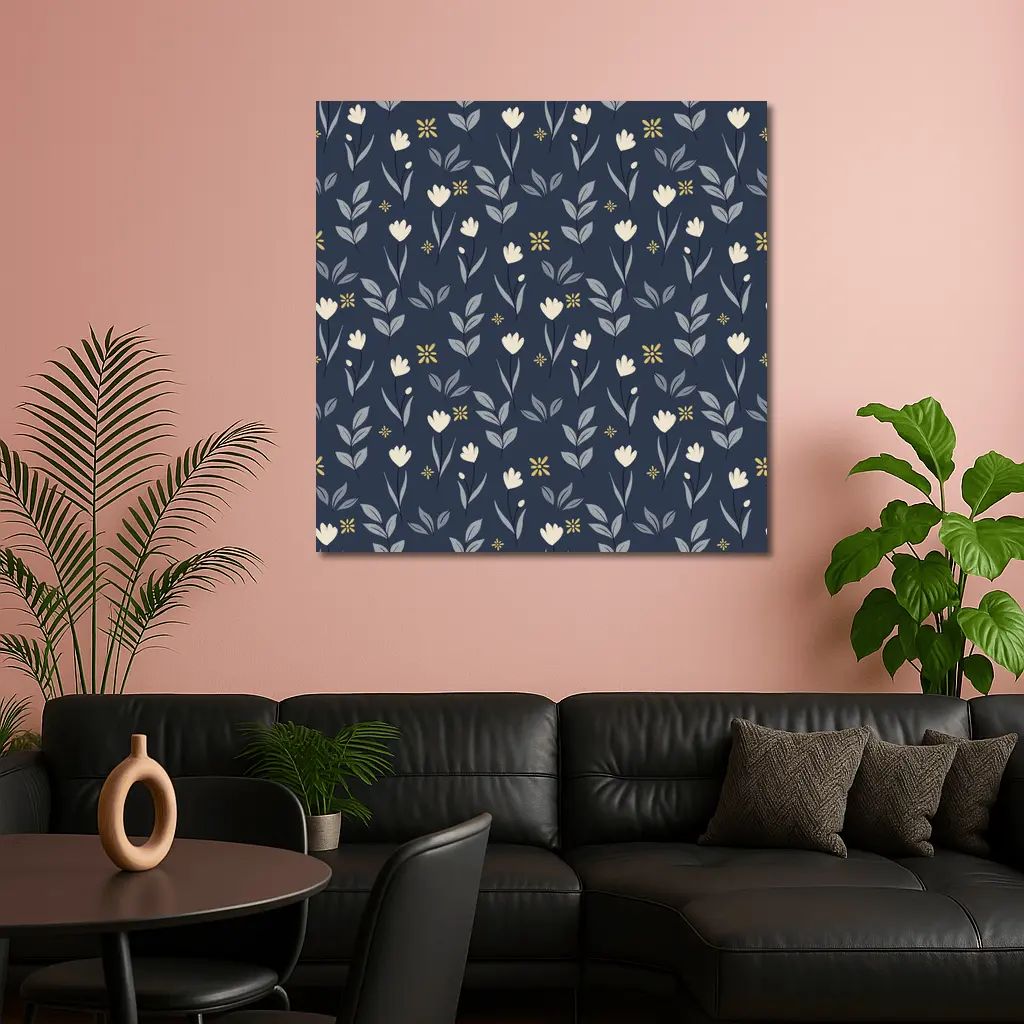 Navy Blue Floral Pattern Small White Flowers – Wall Art