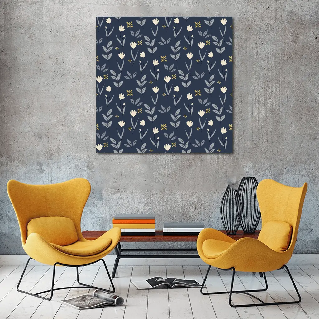 Navy Blue Floral Pattern Small White Flowers – Wall Art