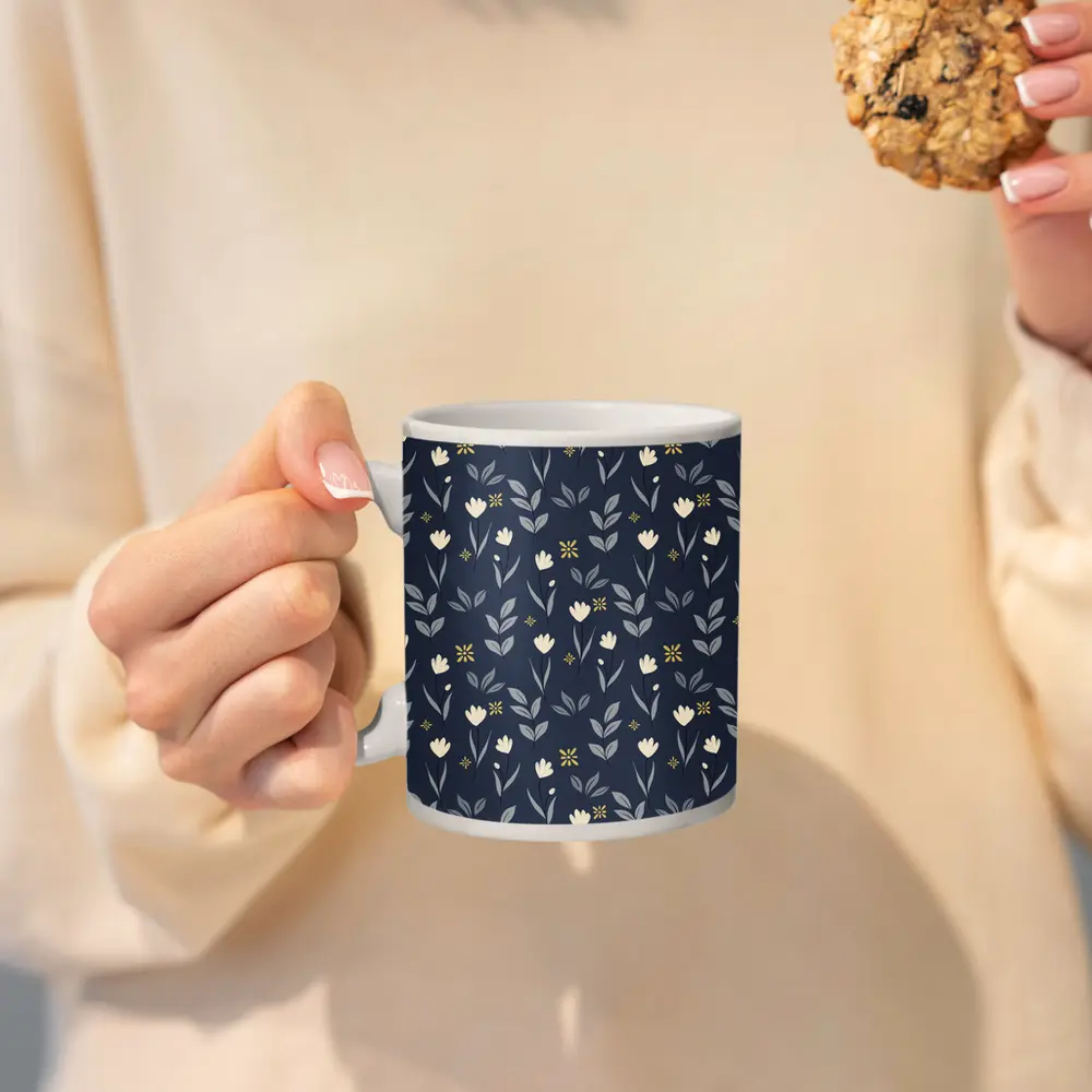 Navy Blue Floral Pattern Small White Flowers – Mugs