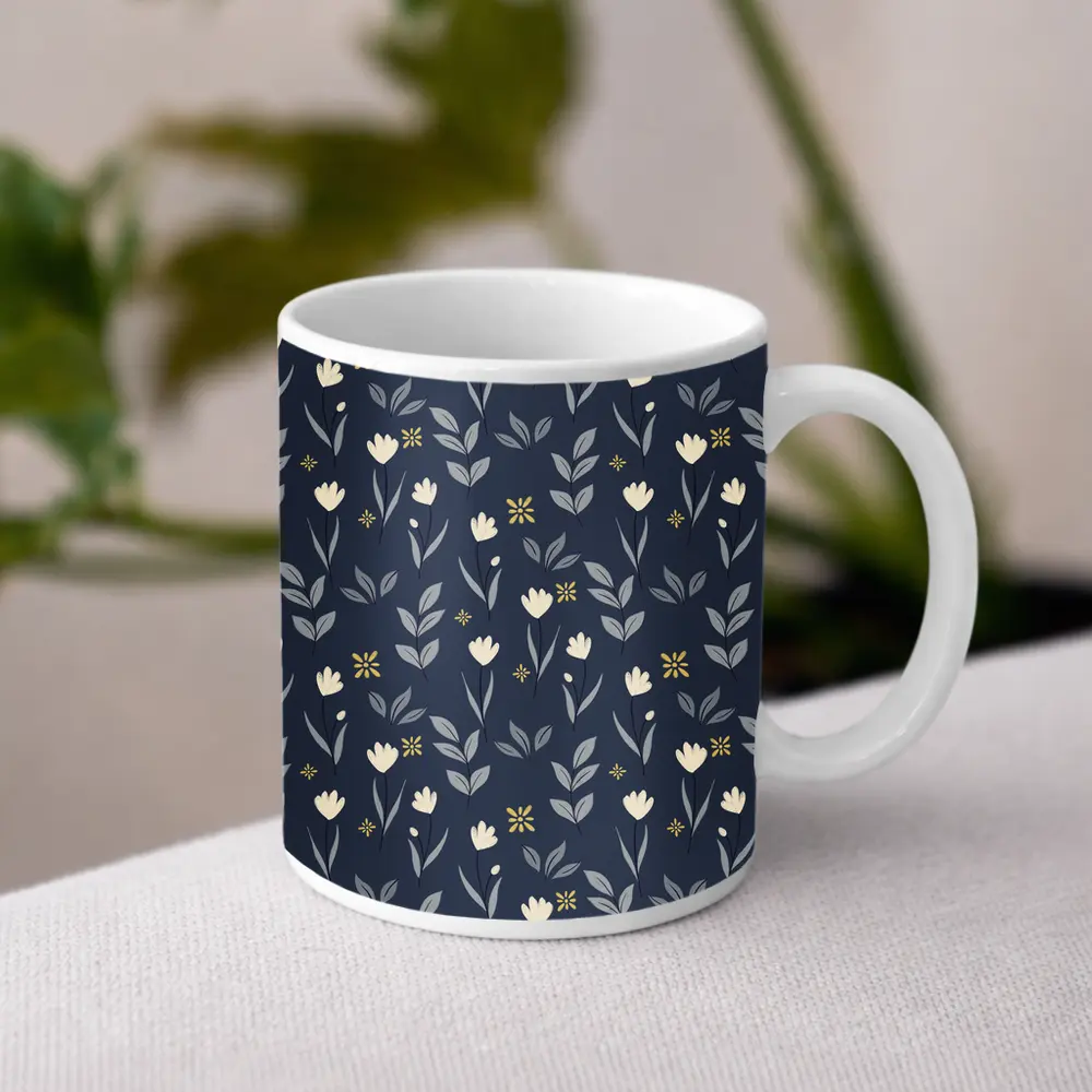 Navy Blue Floral Pattern Small White Flowers – Mugs
