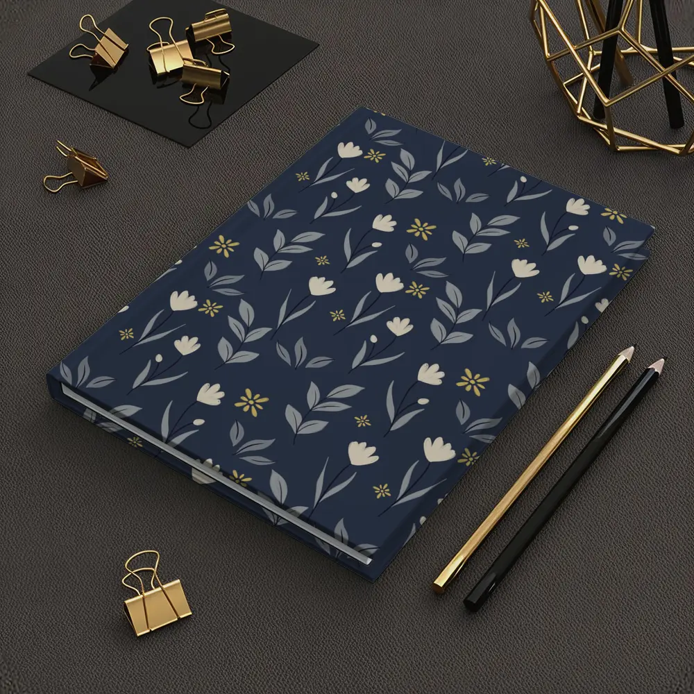 Navy Blue Floral Pattern Small White Flowers – Notebooks