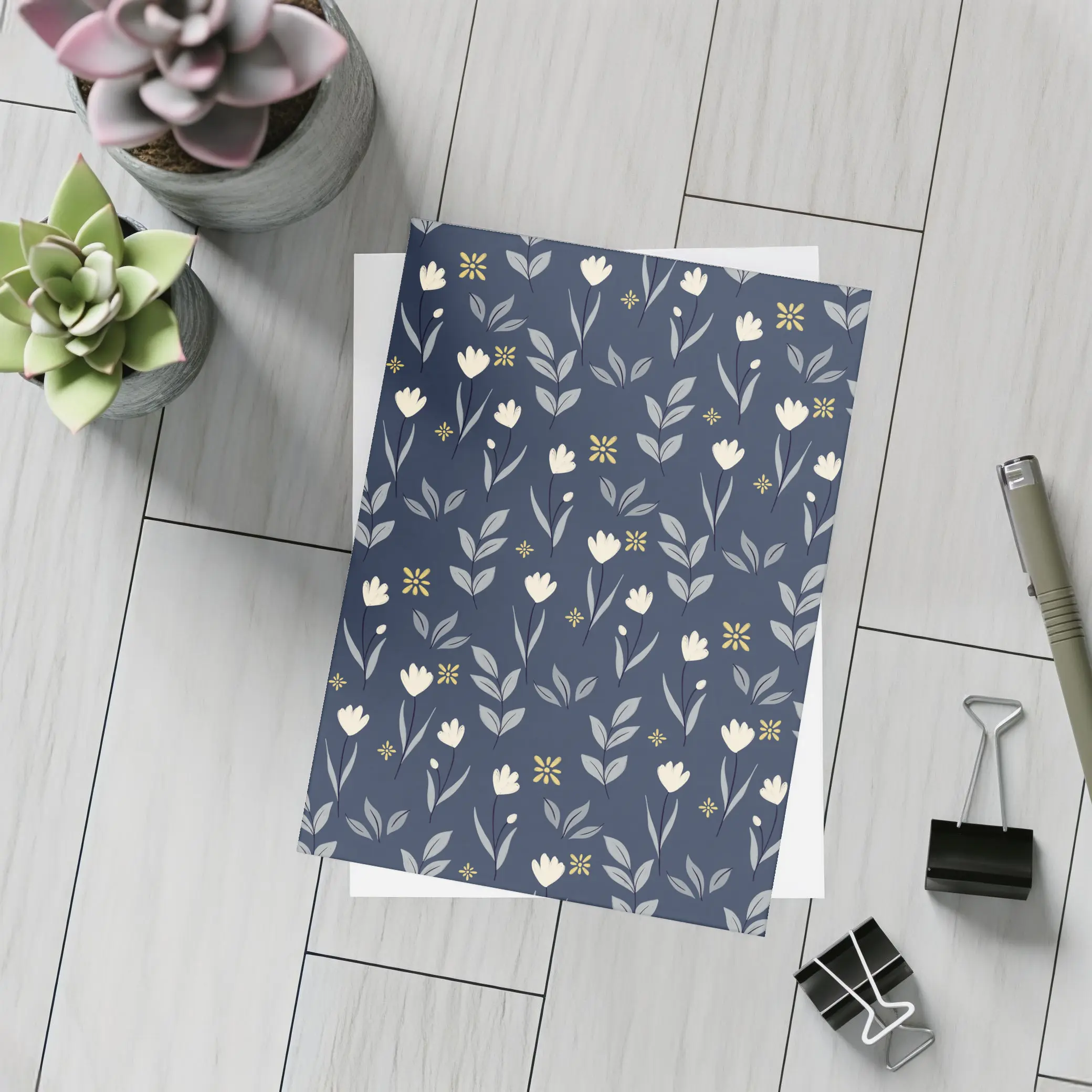 Navy Blue Floral Pattern Small White Flowers – Postcards